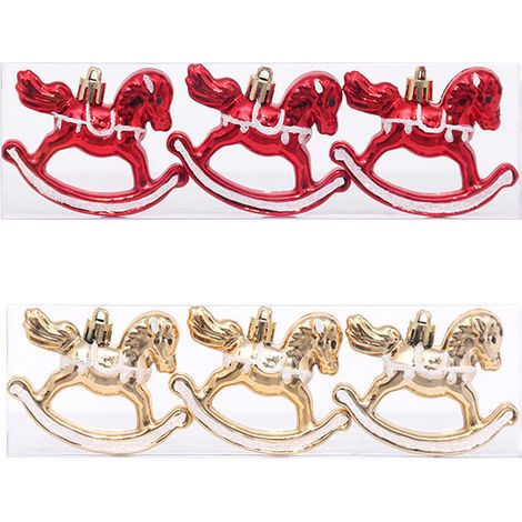 Juego de regalo de 6 adornos navideños con forma de caballos de carrusel, de plástico rojo y dorado, para el árbol de Navidad. (1/5)