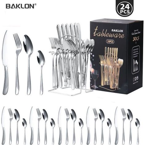 Ensemble de couverts - Inox - 24 pièces - Service pour 6 personnes - Compatible lave-vaisselle - Poli miroir (1/4)