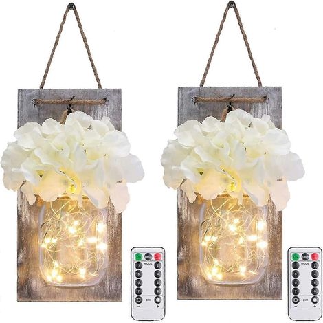 Lot de 2 guirlandes lumineuses LED, applique murale vintage en bocal Mason avec décoration en bois et fleurs artificielles, guirlande lumineuse rustique pour Halloween, mariage (1/5)