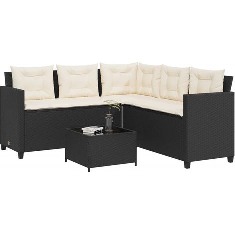Gartensofa in L-Form mit Tisch und Kissen Schwarz Poly Rattan