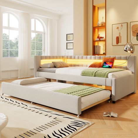 cama cama dormitorio con cama nido LED beige OKMYHOME (1/5)