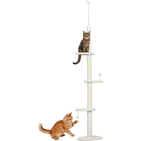 PawHut 225-255 cm Adjustable Cat Tree with Sisal Scratching Posts, Beige (1/5)