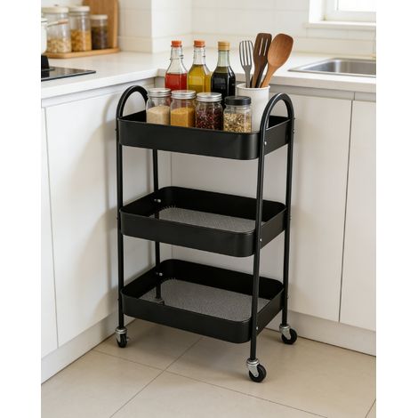 Carrello portaoggetti a 3 livelli in acciaio al carbonio, nero, con ruote girevoli 360° DESVIAE (1/5)