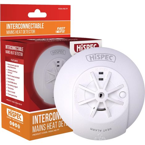 Hi-Spec HSSA/HE/FF Mains Interconnectable Fast-Fix Heat Detector with 9V Backup Battery