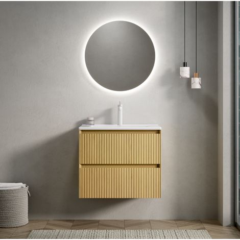 Waschtisch 61 cm mit Keramikbecken, Sperrholzschrank in Golden Oak/Weiß, wandhängend, 2 Schubladen (1/5)