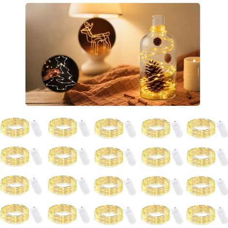 Lot de 20 guirlandes lumineuses micro LED avec batterie, 2 m, 20 mini LED avec batterie, pour fête, mariage, décoration de chambre, Noël, bouteille, bricolage (blanc chaud)
