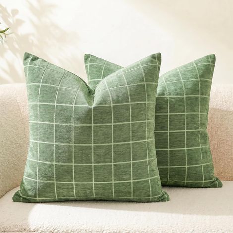 Lot de 2 housses de coussin décoratives modernes en chenille à grands carreaux de 40,6 x 40,6 cm, douces texturées et neutres pour ferme, canapé, sofa, lit, salon, vert sauge (1/5)