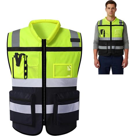 Gilet Réfléchissant, Gilet de Sécurité, Gilet de Travail Veste de Haute Visibilité, 7 Poches Gilets de Vélo avec Bandes Réfléchissantes Pour Construction, Travail à l'Extérieur Unisexe (1/5)