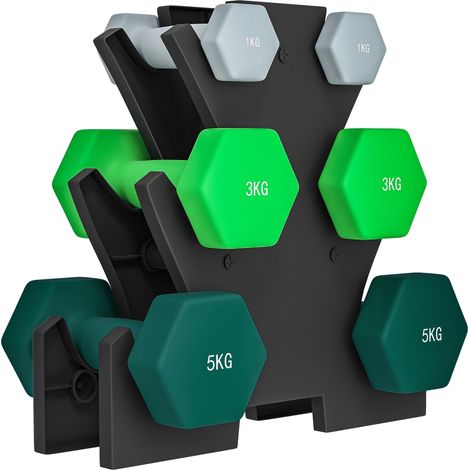Kit de poids hexagonaux de 18 kg avec support inclus, en acier, métal et plastique, multicolore (1/5)