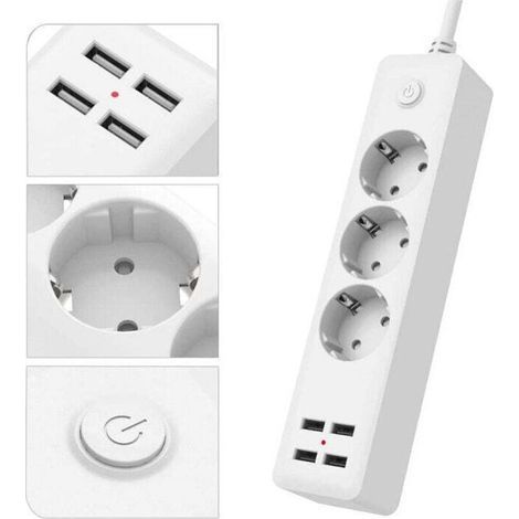 European Standard USB Power Strip with 3 Sockets, Power Strip with 4 USB Ports, Power Strip with Switch, 1.5M Power Cord, Suitable for Home, Office, Wall Installation (1/3)