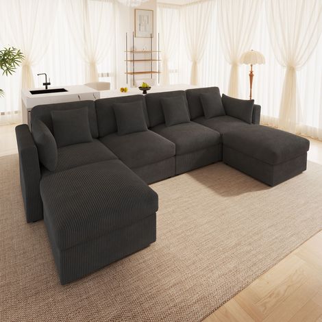 Canapé d’angle en U gris 6 places modulable en velours côtelé avec accoudoirs réglables, pouf amovible et grand confort pour salon ou chambre
