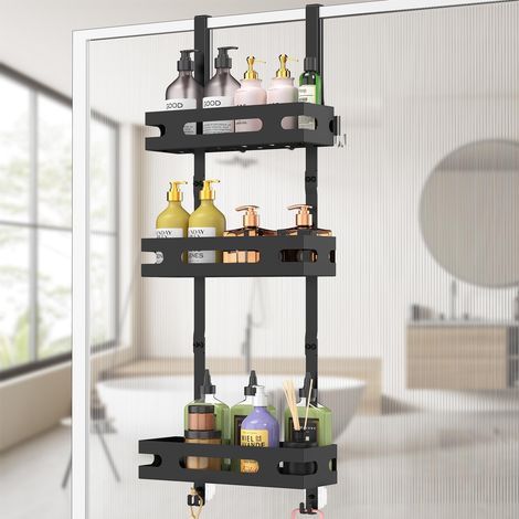 1 - Étagère Douche - Porte Shampoing - Suspension Sans Perçage - 3 Niveaux Avec 6 Crochets - Salle De Bain Et Cuisine - Noir - 78cm (1/5)