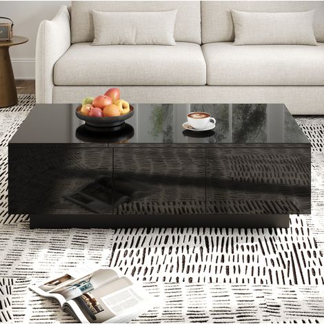 Couchtisch aus Spanplatte Schwarz 100x31x50 cm, teilweise Hochglanz, mit Schubladen und Schiebefächern (1/5)