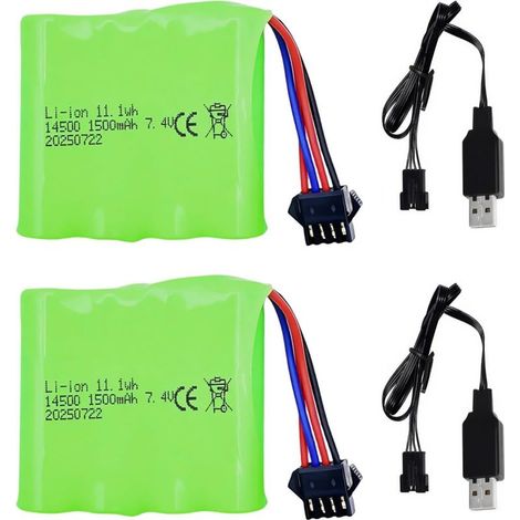 Batterie Li-ION 7,4V 1500mAh avec connecteur SM-4P et câble de Charge pour DE36W DE65 1803 1809 Voitures radiocommandées Monster Truck, Buggy, Crawler RC modèles (2 pièces) (1/5)