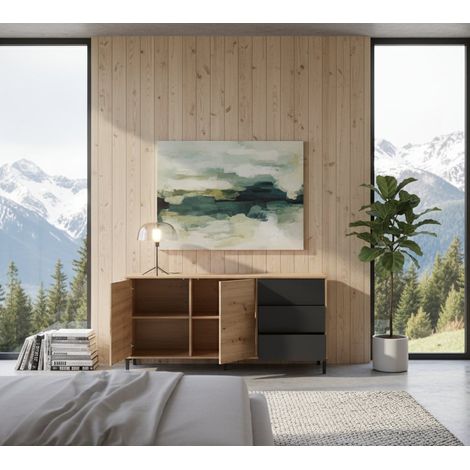 Credenza - 3 Cassetti 2 Ripiani, Marrone Rovere Nodi, -, 154x41x75h cm Bauru