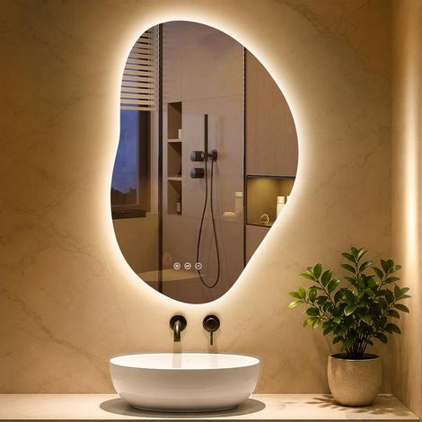 Miroir lumineux asymétrique, miroir LED de bain avec interrupteur tactile, 3 températures de lumière, variable, miroir de salle de bain anti-buée éclairé 90x60cm (1/5)