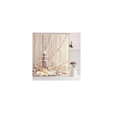 Rideau de douche textile en tissu avec anneaux - 120 x 180 cm - Motif coquillages - Impression numérique - Polyester - Anti-moisissure - Beige (1/4)