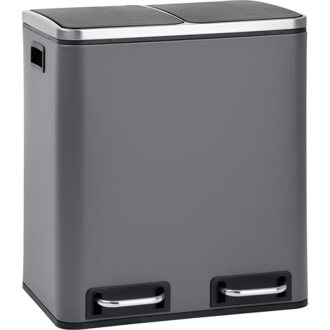Svita – Poubelle à pédale 30L avec 2 compartiments – Acier thermolaqué – Fermeture lente et silencieuse – Système de tri sélectif gris