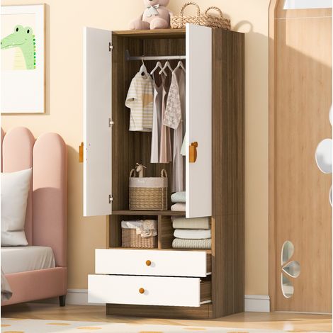 Armoire penderie 70 x 50 x 170 cm avec 2 tiroirs, portes à poignées cartoon, finition bois (1/5)