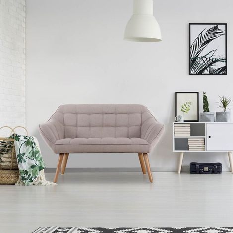 Cotecosy – Canapé droit 2 places scandinave Zentao – Tissu beige – Dimensions L128 x P75 x H76 cm – Assise moelleuse et pieds en bois (1/7)