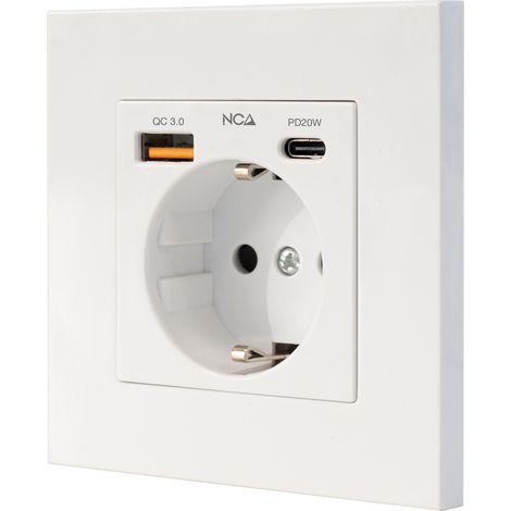 Nanocable Base de enchufe de pared tipo schuko con 1xUSB-A QC 3.0 + 1xUSB-C PD - Max. 3.4A, Blanco