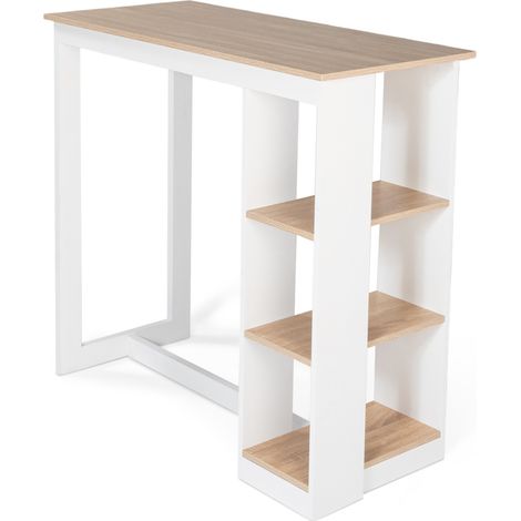 Idmarket – Table de bar ajourée 2 à 4 personnes – Bois blanc et plateau imitation hêtre – 3 étagères de rangement – Dimensions 110x50x103 cm