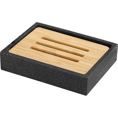 Porte-Savon en Résine, Support de Savon avec Planche de Bambou, Plateau de Rangement avec Double Couches pour Ranger Bougie, Salle de Bain, Cuisine, et Toilettes - Sable Noir (1/5)
