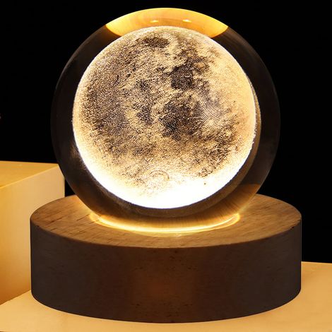 Boule De Cristal Luminaire De Nuit - Base En Bois Massif - 6 Cm De Diamètre - Couleur Lumineuse Blanc Chaud 3000 K - USB - 1,5 W - Style Saturne (1/5)