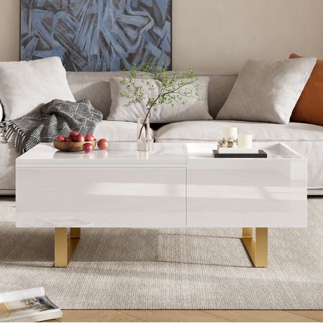 Tavolino 100x50x54,5 cm bianco, piano sollevabile, vano contenitore e cassetto, MDF, MEUBLIV (1/5)