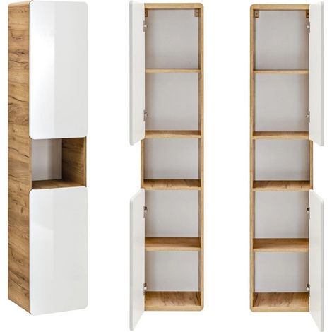 Badmöbel Hochschrank LUTON-56, Wotan Eiche Nb. Nb. Hochglanz weiß, B/H/T ca. 35/170/32 cm (1/5)