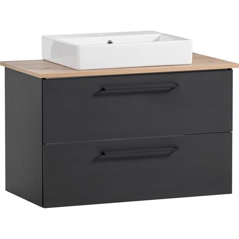 Waschtisch schwarz matt, Eiche mit Keramik Aufsatzwaschbecken MASON-80 (1/4)