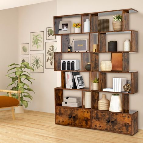 Libreria con puertas y estante de pie de 5 niveles de madera 183 x 70 x 23 cm separador de ambientes marron