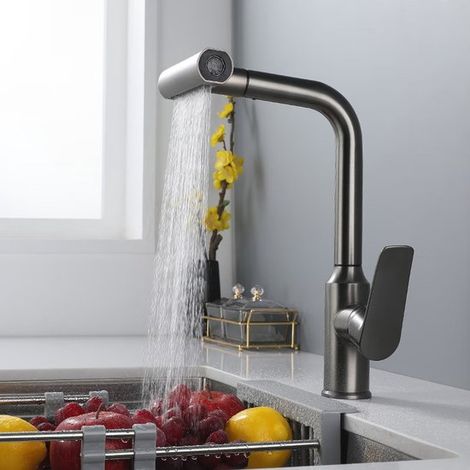 Grifo de cocina con rociador extraíble, efecto cascada, color negro, altura regulable, giratorio 360°, monomando moderno. (1/5)