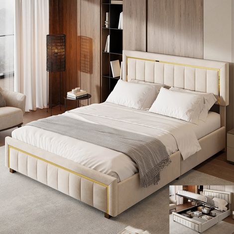 Lit Double 140 x 200 cm avec Rangement de Hydraulique, Lit Coffre avec Tête de Lit et Sommier à lattes, Lit rembourré, Velours Beige