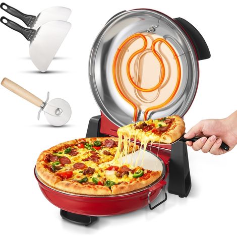 Four à Pizza Électrique 305 mm, Cuiseur à Pizza 1200 W, avec Pierre en Cordiérite, 5 Modes de Contrôle de la Température, Hublot pour Une Cuisson Précise, Chauffe jusqu'à 420 °C, Maison Rouge (1/5)
