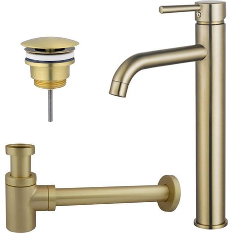 Fortifura Calvi Kit mitigeur lavabo - robinet rehaussé - bonde non-obturable - siphon design bas - PVD Laiton brossé