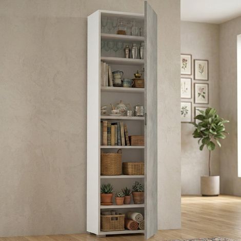 Armoire polyvalente Fiordaliso, Armoire linéaire avec 1 porte et 7 étagères, Colonne d'entrée ou de salle de bain, Range - chaussures moderne, Cm 50x30h182, Béton et blanc (1/5)