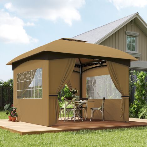 Pavillon de jardin 3,4 x 3,4 m, tente de bière avec toit de ventilation, fenêtres cintrées, structure en acier, beige (1/5)