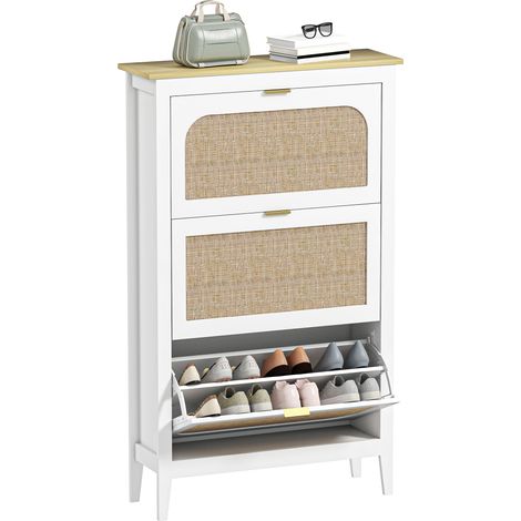 HOMCOM Boho Slim Shoe Cabinet with Rattan Doors, Holds 21 Pairs, White