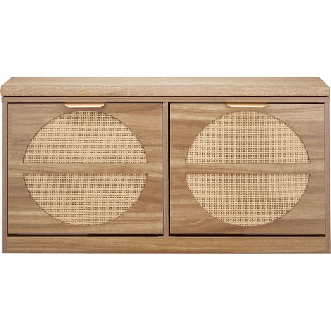 Mophorn Banc d'entrée avec rangement pour chaussures 98x24x51,5 cm, capacité de 199,6 kg, équipé d'un coussin, 4 compartiments et tiroirs rabattables, design en rotin, idéal pour couloir (1/5)