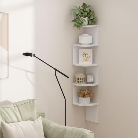 Étagère d'angle Murale à 5 Niveaux en Zigzag, Design Radial, pour Bureau, Salon, Chambre et Salle de Bain, Blanc (1/5)