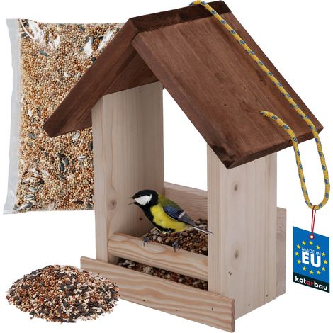 KOTARBAU® Hängendes Vogelfutterhaus, offener Kasten für Balkon und Garten, Holz, 270 x 230 x 135 mm + Futter 0,5 kg