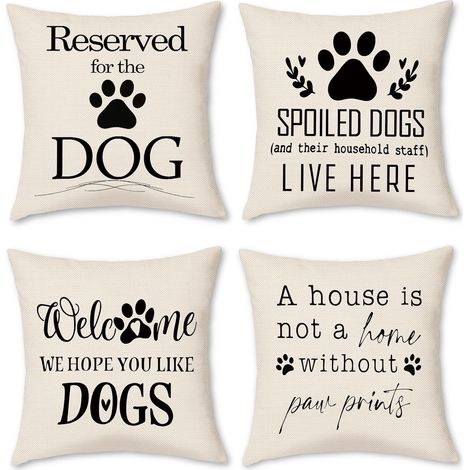 Housse de Coussin 45x45 cm, Lot de 4 Housses de Coussin Chiens et Mots Amusantes Taie d'oreiller Décorative Carrée en Lin (1/5)