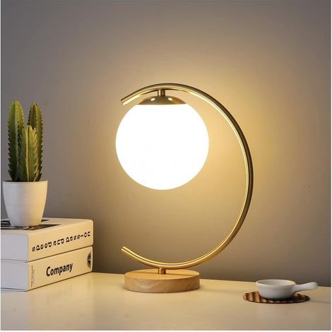 Lampe de table en verre LED de style nordique, base en bois, lampe de chevet E27 pour chambre et salon (1/4)