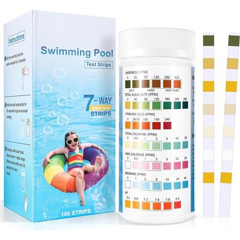 7 en 1 Testeur pour Eau de Piscine et Spa, 100 Bandelettes Test Piscine, Test Piscine Chlore et ph, Le Brome, la Dureté Totale, l’Alcalinité Totale, l’Acide cyanurique, Le Chlore Total