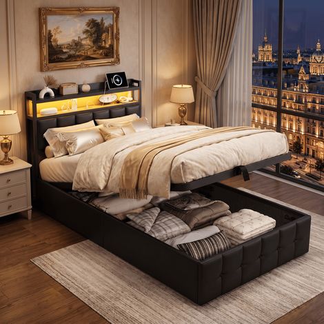 Lit Coffre 90x200 avec sommier LED et USB,Lit Double rembourré avec Rangement hydraulique,lit adult avec tête de lit avec rangement,sommier à lattes pour Adultes et Adolescents,PU,Noir (1/5)