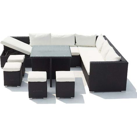 Concept-Usine – Salon de jardin encastrable 10 places en résine tressée noire – Coussins déhoussables en tissu déperlant – Table 85x85cm – Canapé inclinable