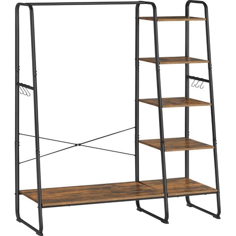 Porte-Manteau sur Pieds, Meuble Chaussure Entrée, Vestiaire, avec 5 Étagèress de Rangement, 6 Crochets, pour Chambre, Salon, Couloir, Style Industriel, Marron Rustique et Noir