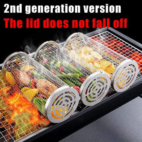 Lot de 3 paniers à griller rotatifs en acier inoxydable pour barbecue, avec filet de cuisson pour poissons et légumes. (1/4)