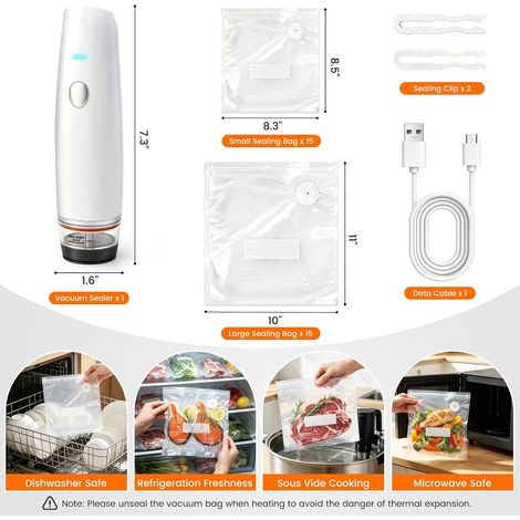 Appareil de mise sous vide alimentaire -80 kPa (appareil + 30 sacs réutilisables), mini-appareil sans fil et portable, adapté à la cuisson sous vide et à la préparation des repas – Blanc (1/4)